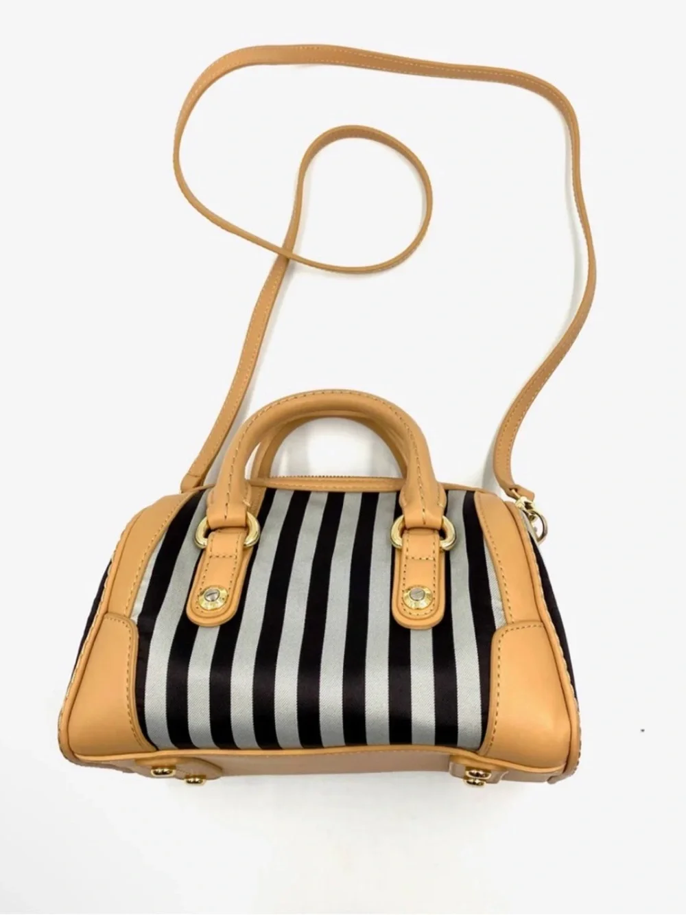 Henri Bendel EUC Mini Stripe Nylon & Leather Crossbody / Satchel Bag @9”x 7” - Picture 1 of 16